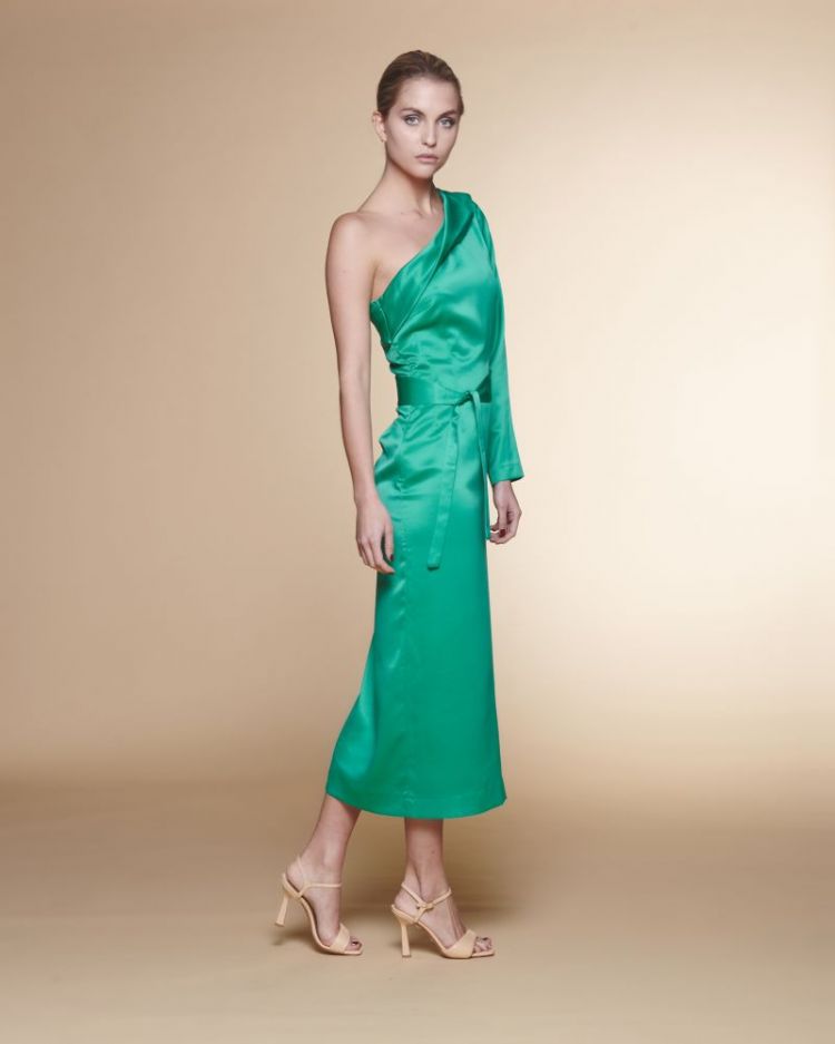 LONG DRESS ASSYMETRICAL SATIN GREEN