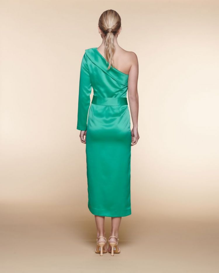 LONG DRESS ASSYMETRICAL SATIN GREEN