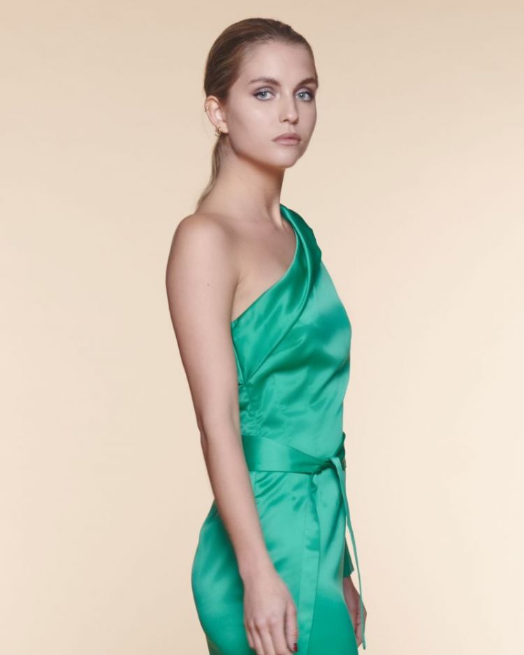 LONG DRESS ASSYMETRICAL SATIN GREEN