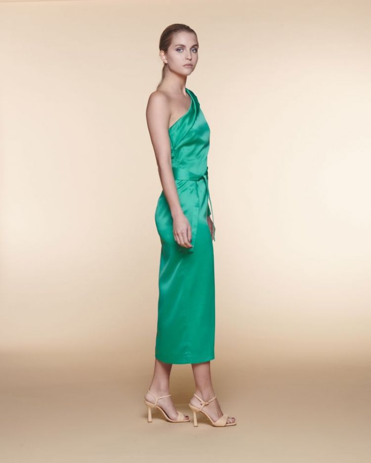 LONG DRESS ASSYMETRICAL SATIN GREEN