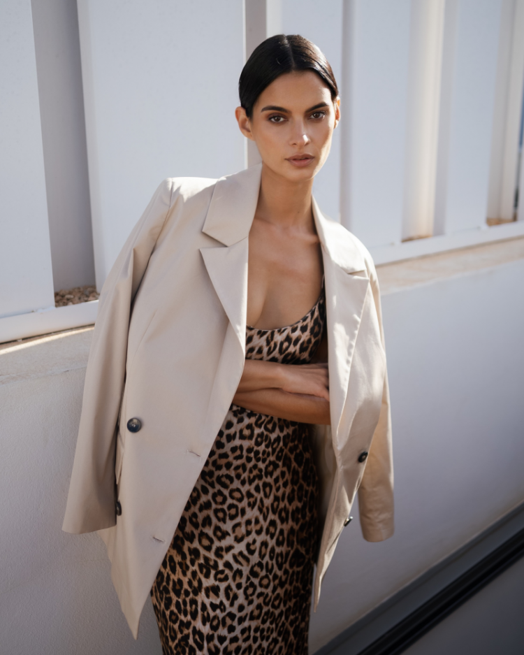 LEOPARD LONG SLIPDRESS BEIGE